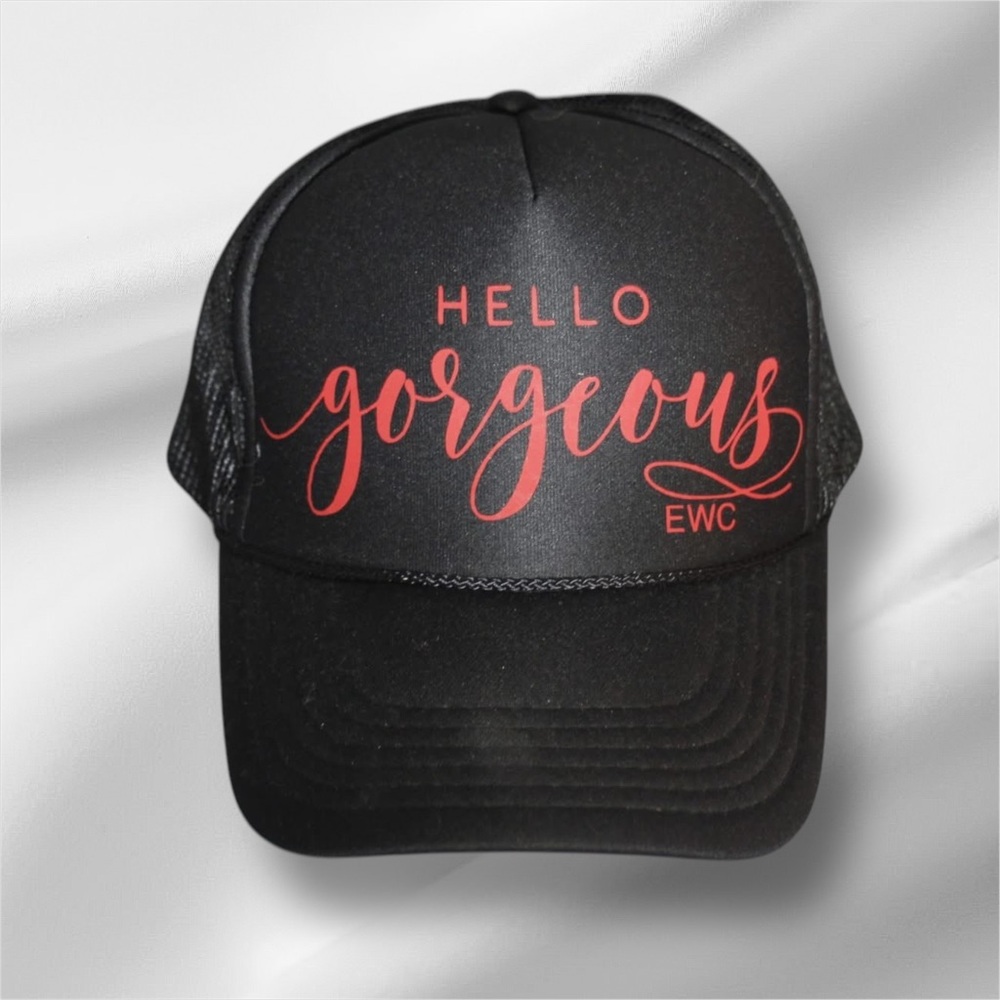 Black Cap with Red 'Hello Gorgeous' Text
